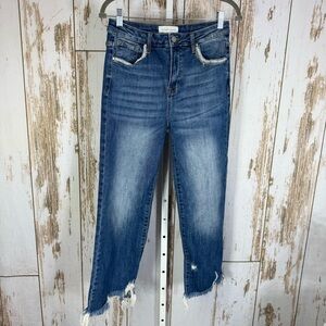 Risen Jeans, Stylish Blue Jeans with Step Frayed Hem. Size 9/29. Beaded Pockets